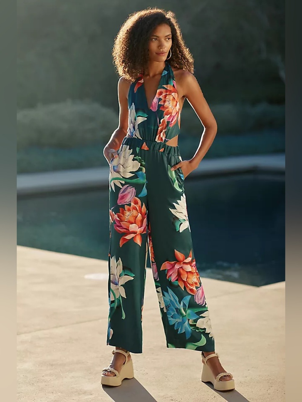 Anthropologie Maeve Floral Halter Jumpsuit Green Size 10
